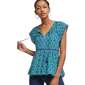 Anthropologie Blue Treme Tassel Tie Front Blouse NWT Size SP